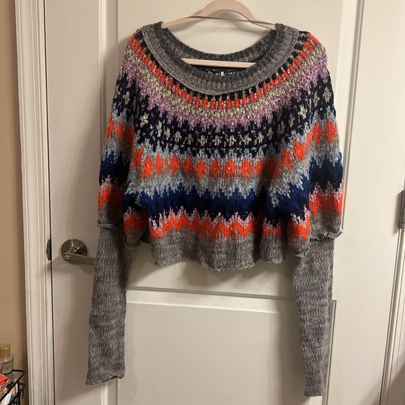 Free People Home for the Holidays Cropped Sweater - Heather Gray Combo - L - Picture 6 of 10